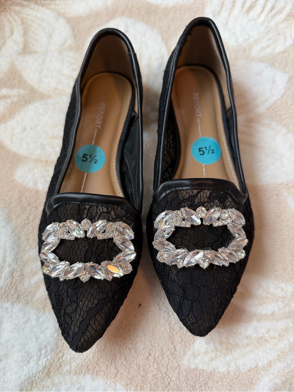 Report Black Lace Pointed Flats with Crystal Buckle